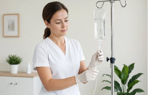 Врач настраивает капельницу